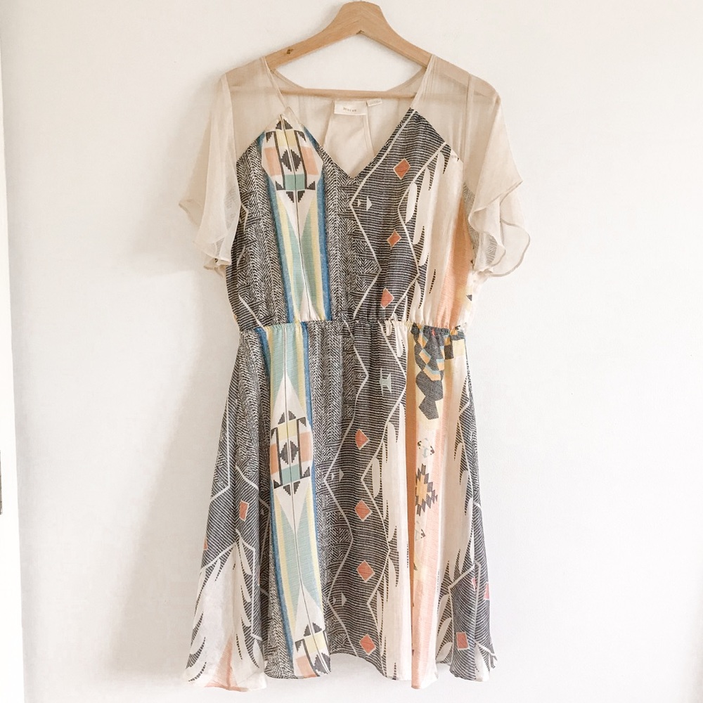 Anthropologie Maeve 100% Silk Flutter Sleeve Aztec Southwestern Dress Large
